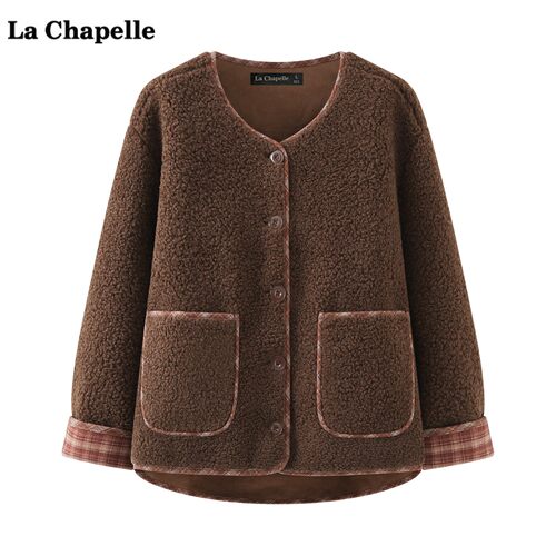 拉夏贝尔/La Chapelle咖色仿羊羔毛短外套女冬季新款宽松夹克上衣