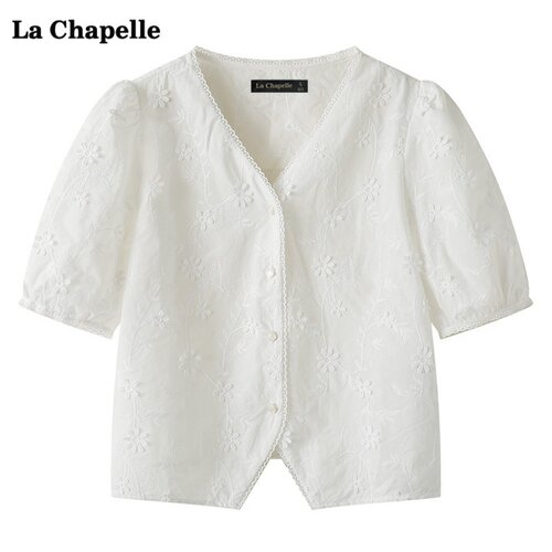 拉夏贝尔/La Chapelle蕾丝V领短袖衬衫女夏新款气质白色小衫上衣