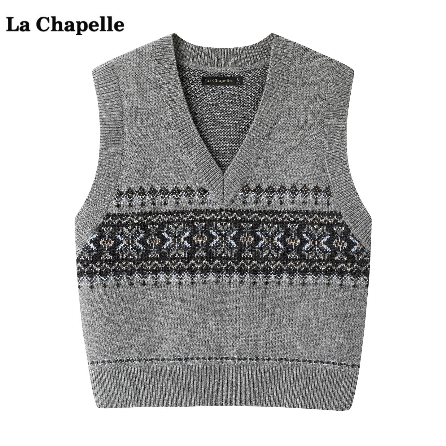 拉夏贝尔/La Chapelle费尔岛V领针织马甲女秋冬新款外搭背心上衣