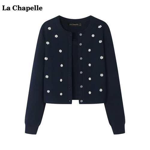 拉夏贝尔/La Chapelle小香风圆领针织开衫两件套女秋新款吊带套装