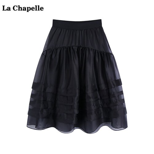拉夏贝尔/La Chapelle黑色显瘦蓬蓬半身裙子女夏新款松紧腰a字裙