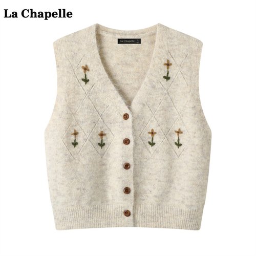 拉夏贝尔/La Chapelle软糯V领针织马甲女秋冬季新款背心坎肩上衣