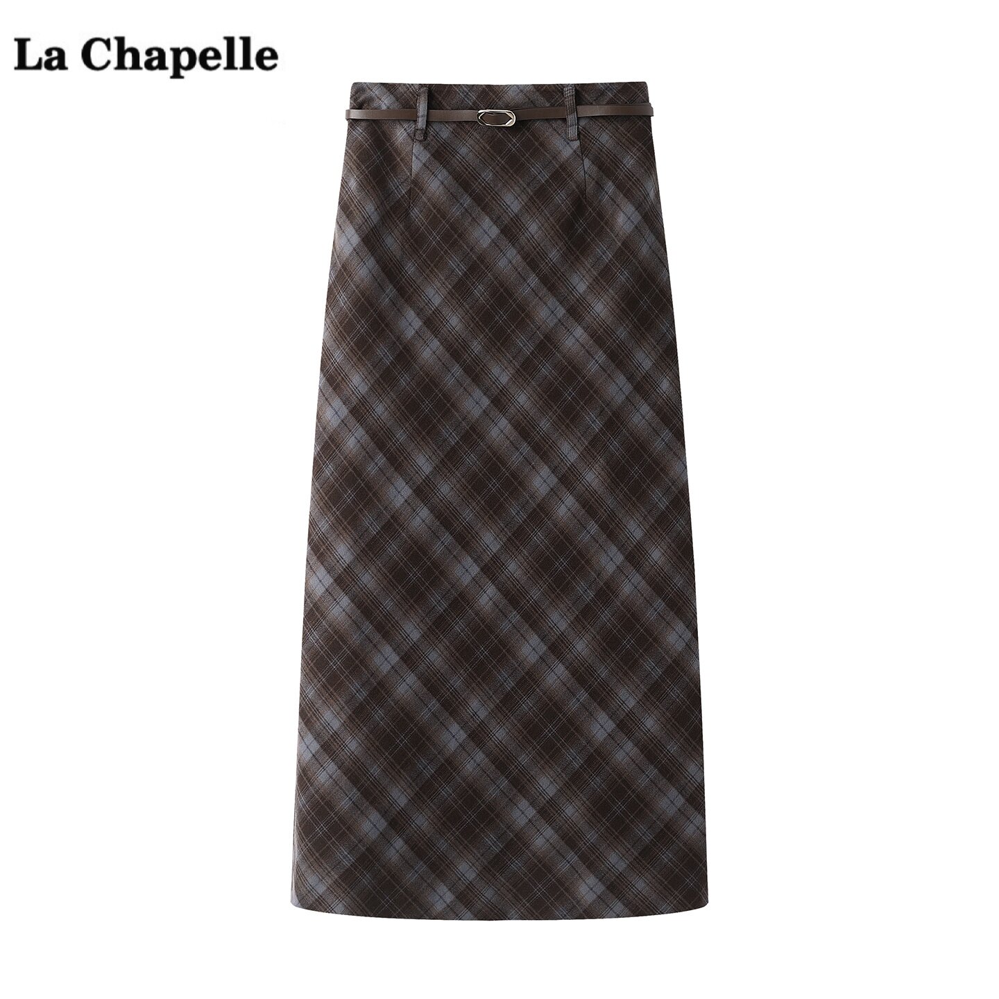 拉夏贝尔/La Chapelle复古格纹半身裙女秋季新款中长款开叉裙子