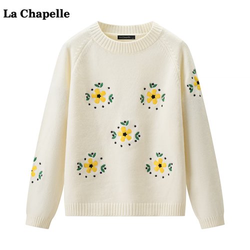 拉夏贝尔/La Chapelle学院风刺绣针织衫女春季新款宽松毛衣上衣