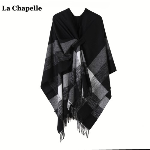 拉夏贝尔/La Chapelle复古格子流苏针织披肩女旅游外搭披风斗篷