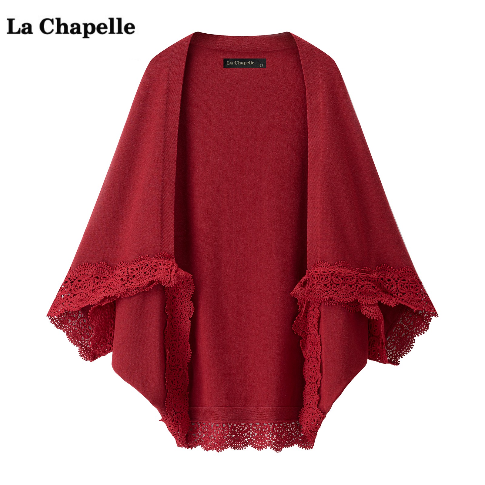 拉夏贝尔/La Chapelle红色高级感蕾丝边针织披肩女秋宽松外搭披风