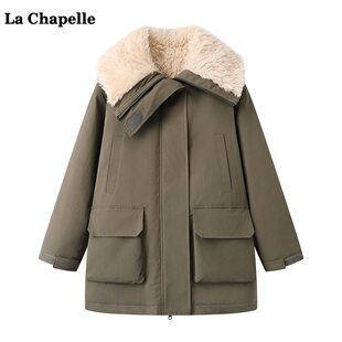 新款 Chapelle仿羊毛加绒加厚外套女冬季 翻领派克服 拉夏贝尔