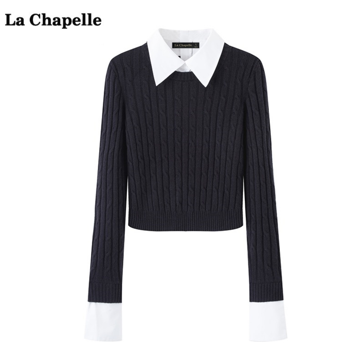 拉夏贝尔/La Chapelle假两件翻领针织衫女秋冬季新款短款毛衣上衣