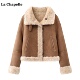 拉夏贝尔 两面穿保暖上衣 新款 Chapelle麂皮绒毛毛外套女冬季