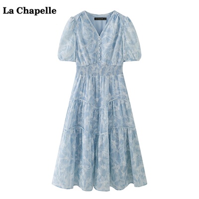拉夏贝尔/La Chapelle蓝色碎花连衣裙女夏季v领显瘦中长款裙子