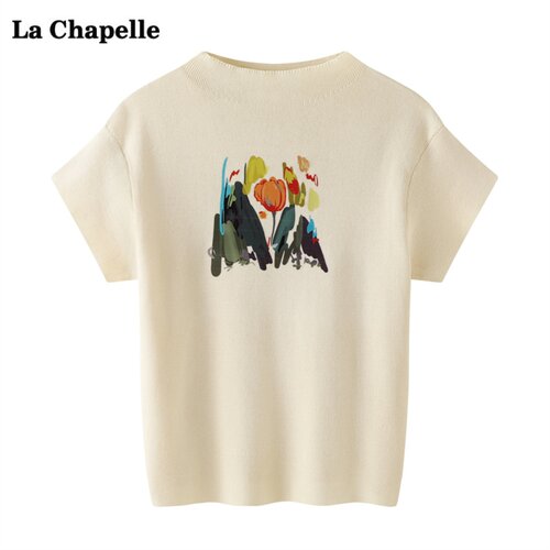 拉夏贝尔/La Chapelle郁金香印花针织衫女夏新款辣妹短袖T恤上衣