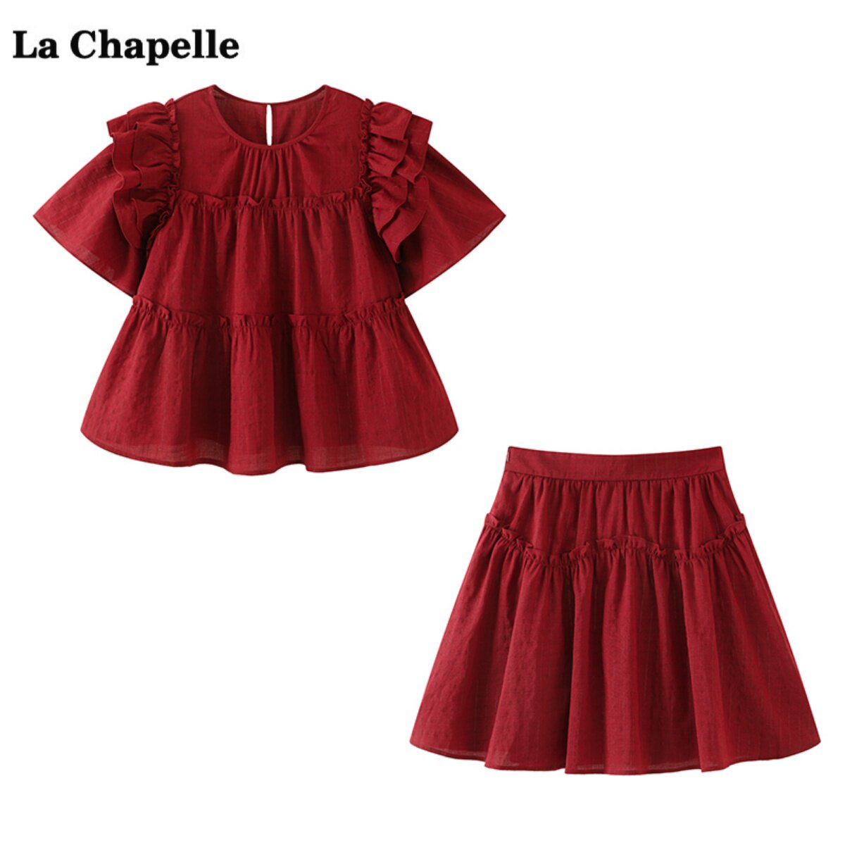 拉夏贝尔/la chapelle红色娃娃衫衬衫半身裙两件套女夏季时尚套装