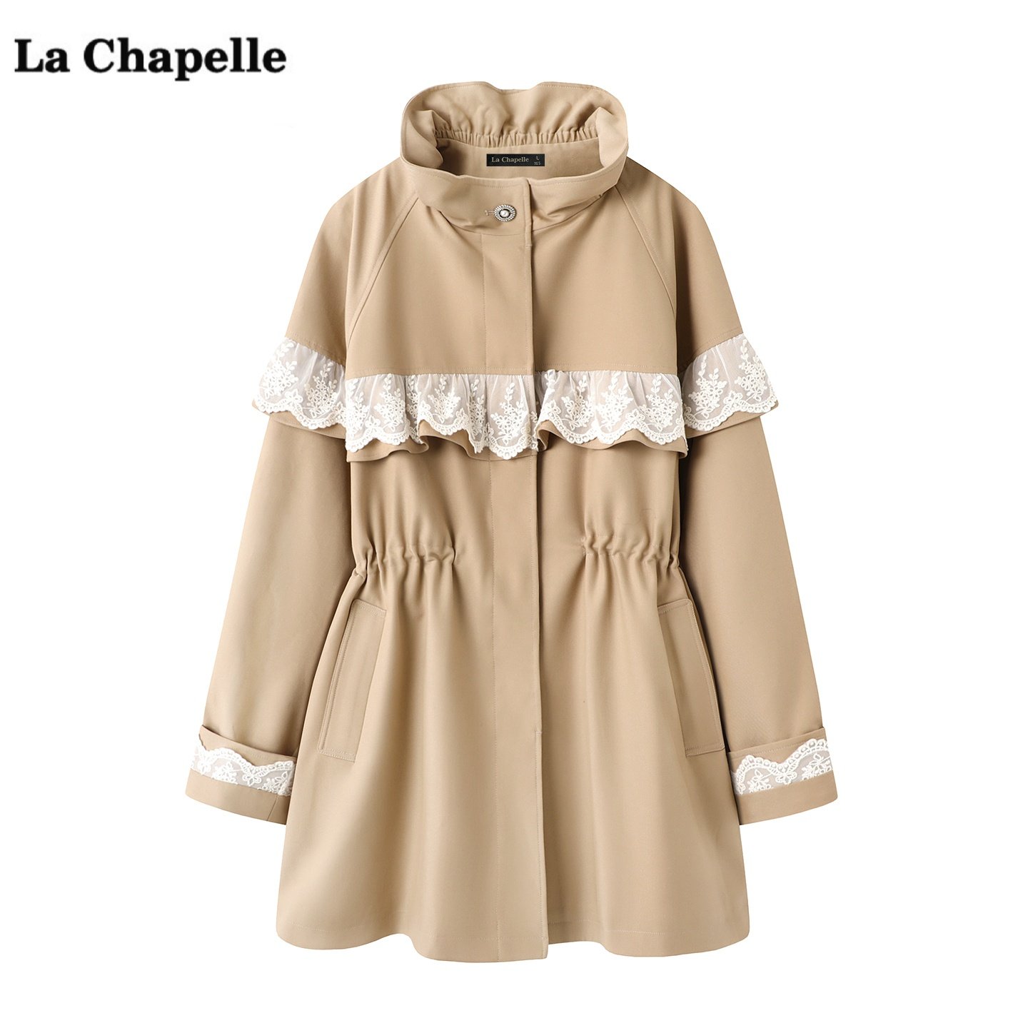 拉夏贝尔/La Chapelle韩系蕾丝拼接风衣外套女秋冬季新款气质上衣
