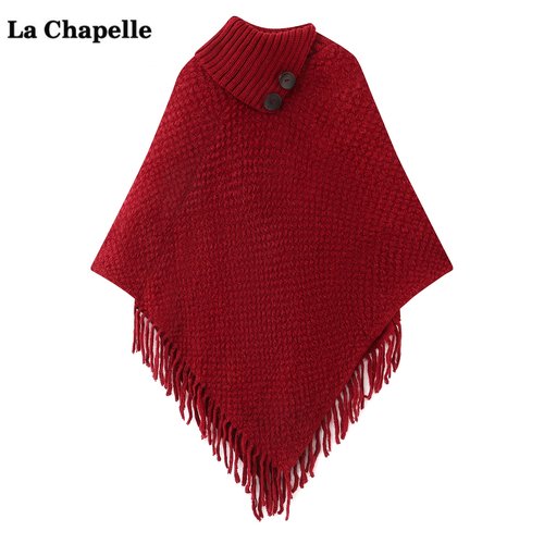 拉夏贝尔/La Chapelle红色流苏套头披肩斗篷女冬新款保暖围巾披风
