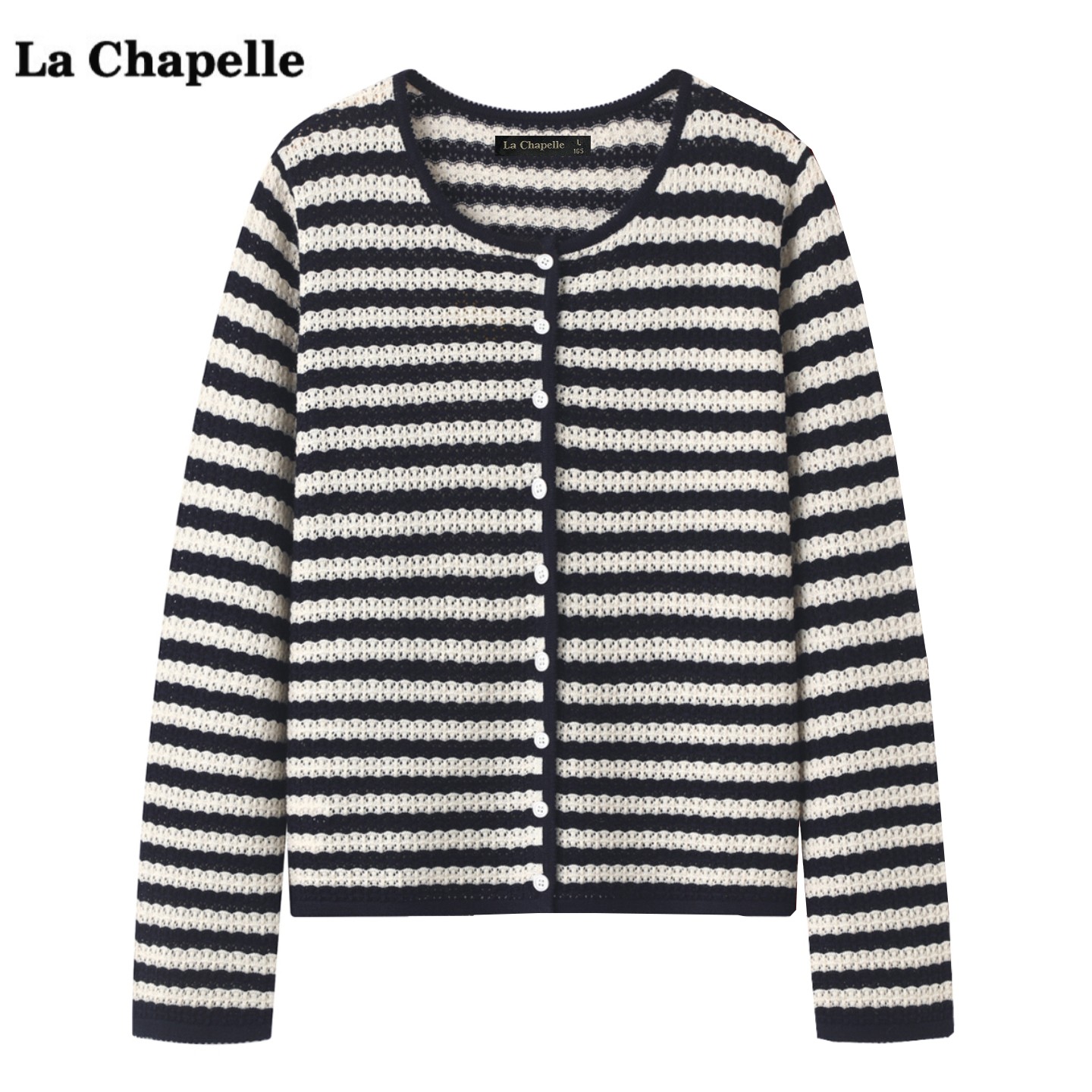 拉夏贝尔/La Chapelle气质镂空条纹针织衫女秋季新款薄款毛衣上衣