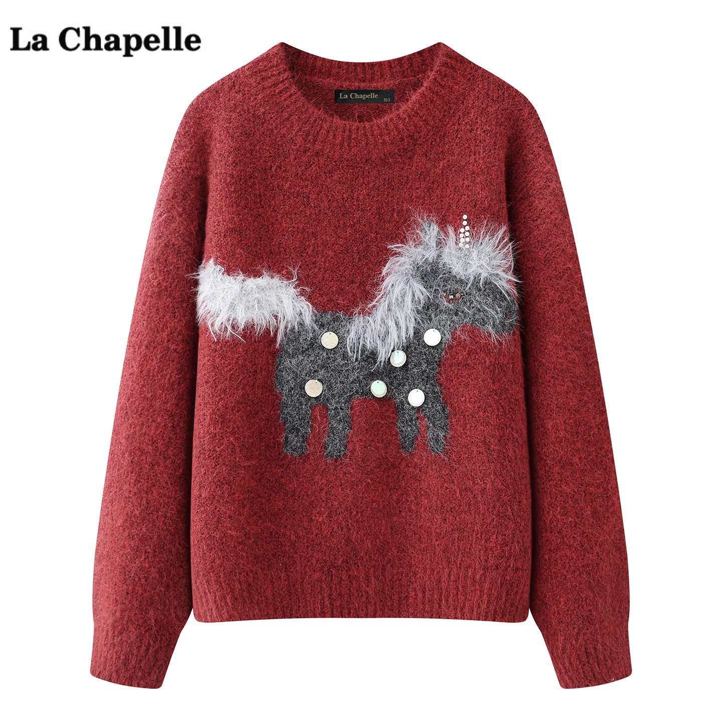 拉夏贝尔/La Chapelle圣诞小马亮片针织衫女冬季新款宽松毛衣上衣