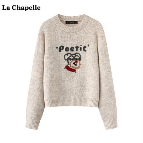 拉夏贝尔/La Chapelle卡通刺绣针织衫女春季新款圆领宽松套头毛衣