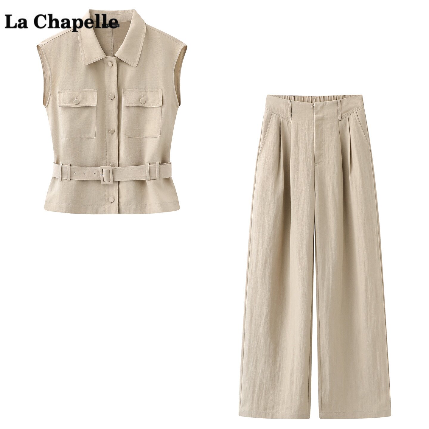 拉夏贝尔/La Chapelle工装风马甲阔腿裤两件套女夏季新款时尚套装