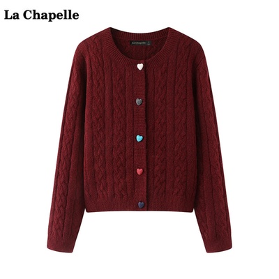 拉夏贝尔/La Chapelle红色爱心纽扣针织开衫女春季新款显瘦毛衣
