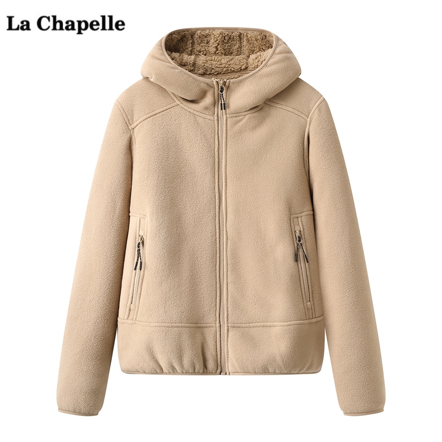 拉夏贝尔/La Chapelle摇粒绒连帽外套女冬季新款加绒加厚保暖夹克