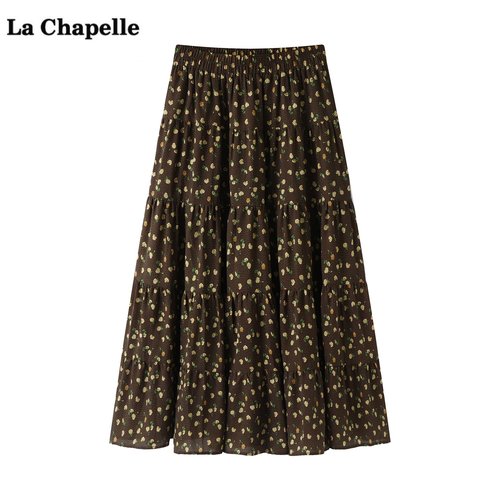 拉夏贝尔/La Chapelle咖色压褶碎花半身裙女秋季新款气质显瘦裙子