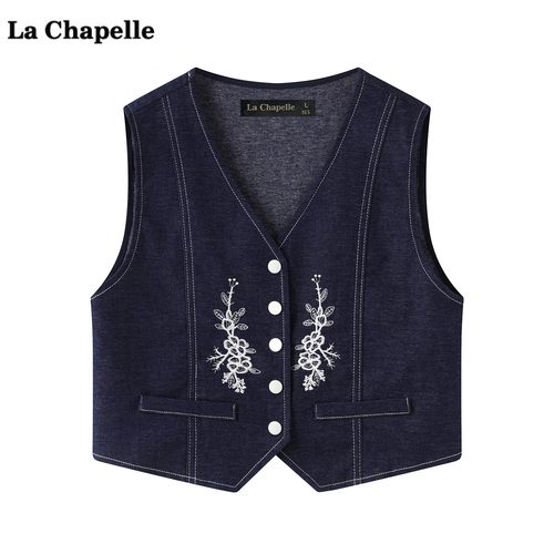 拉夏贝尔/La Chapelle复古刺绣牛仔马甲女秋新款V领开衫外搭坎肩