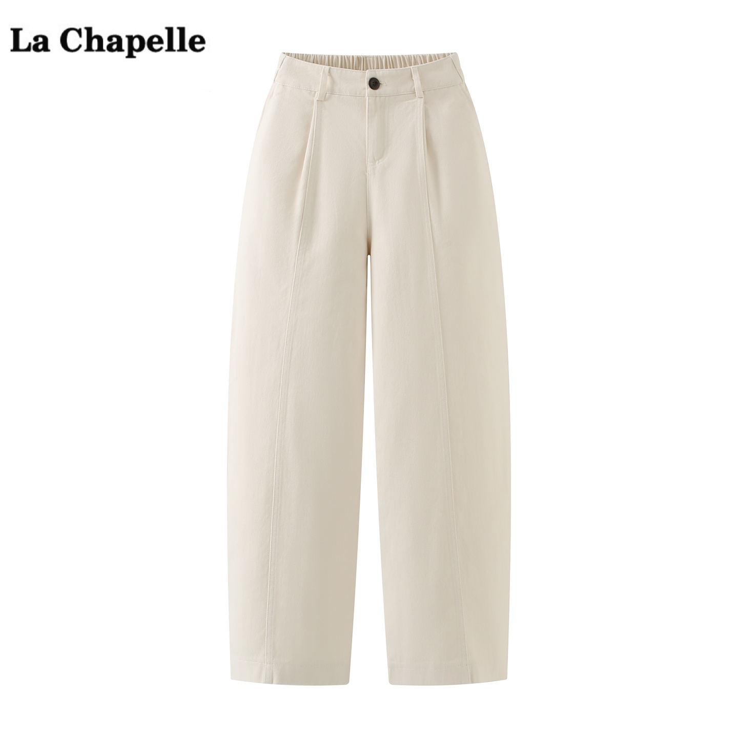 拉夏贝尔/La Chapelle米色半松紧腰弯刀阔腿裤女秋冬季显瘦工装裤