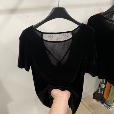 丝绒后背绑带镂空蕾丝短袖T恤女