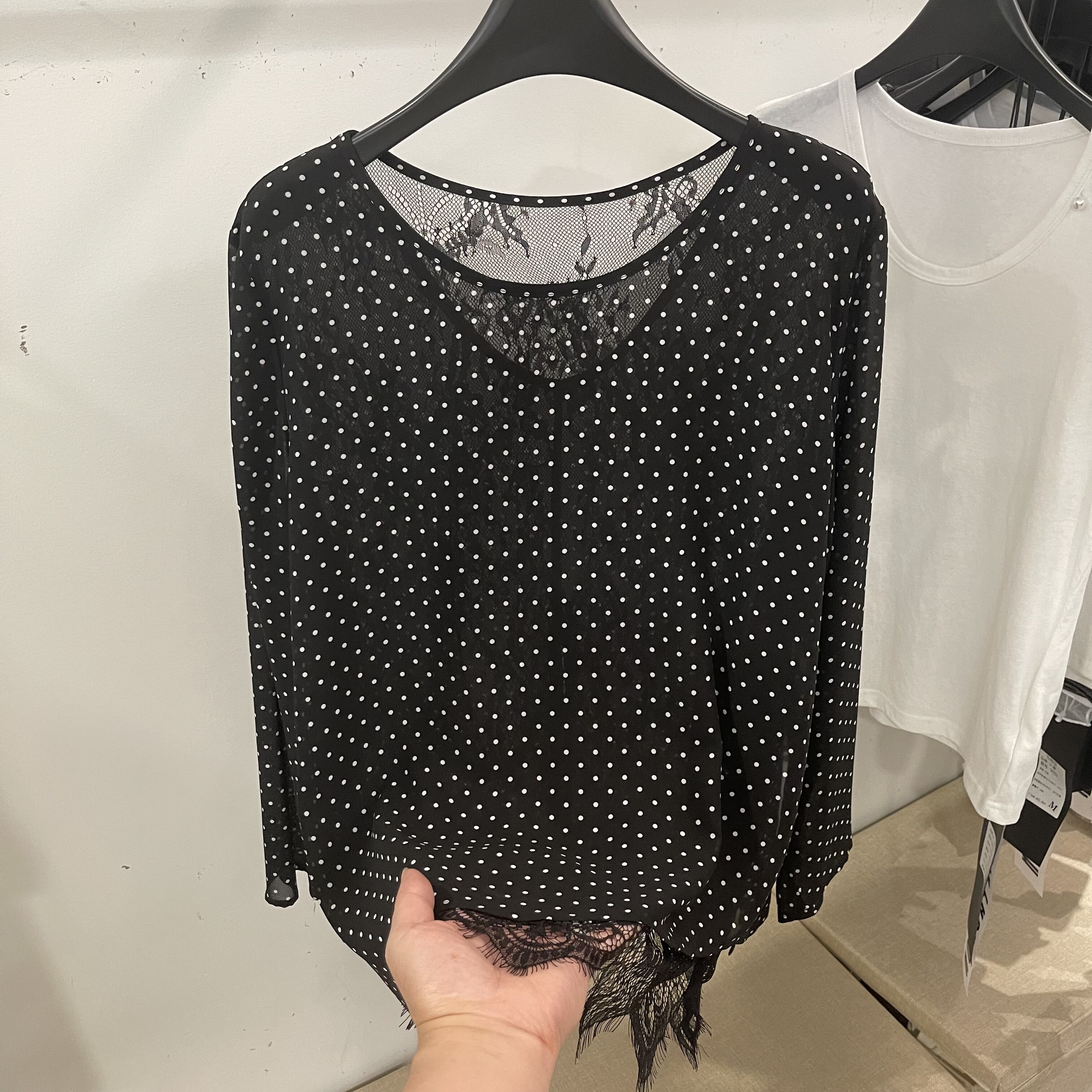 复古波点蕾丝拼接雪纺衫长袖女2026夏季新款透视开叉宽松防晒衫薄