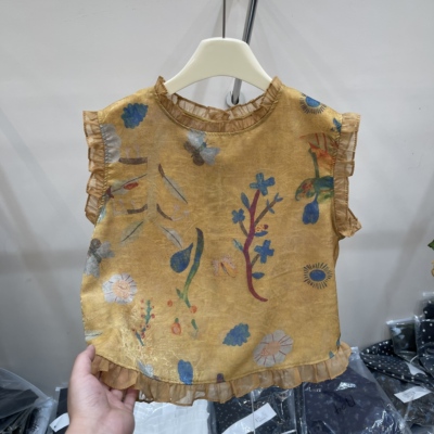 复古印花无袖木耳边小衫女后背