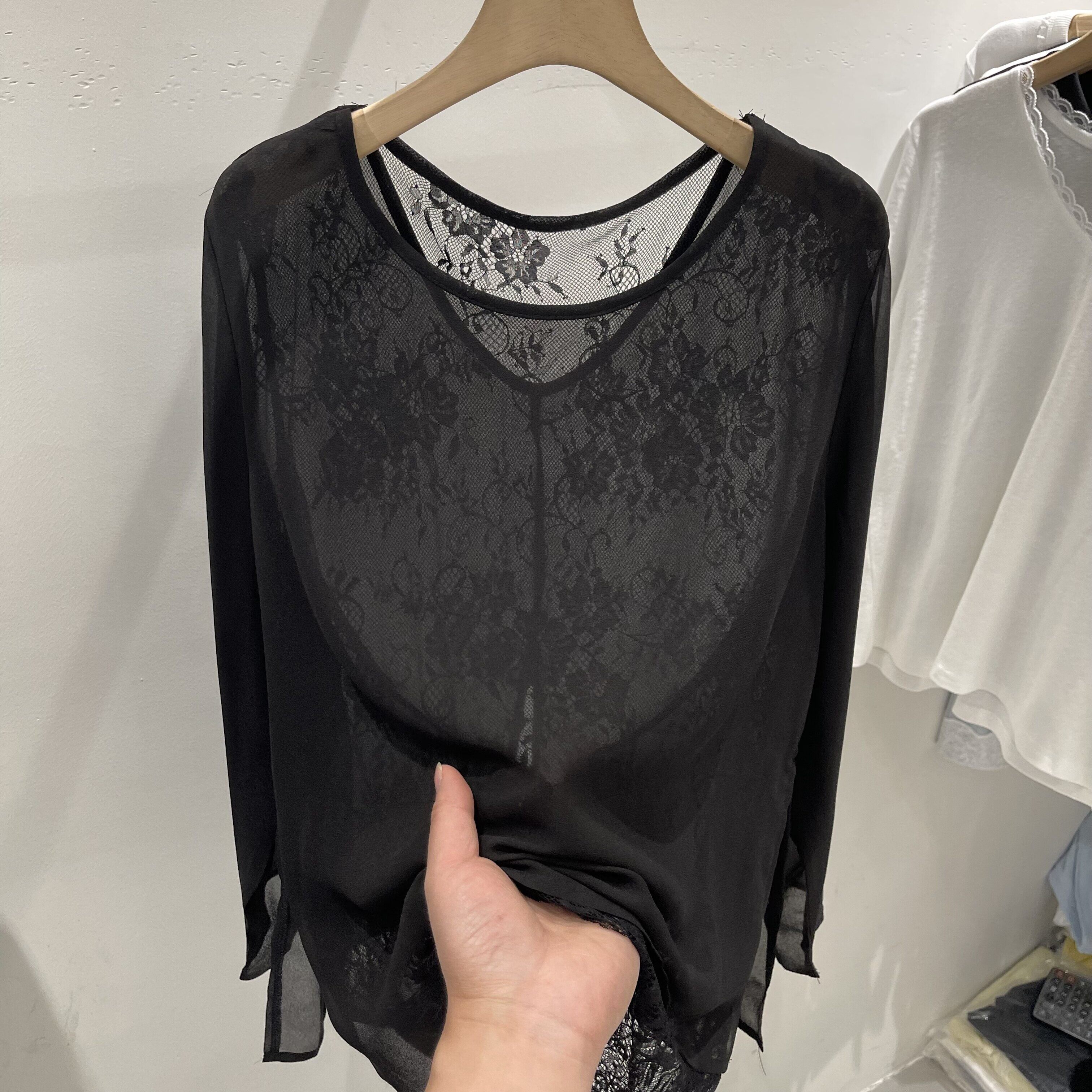 假两件蕾丝拼接雪纺衫长袖T恤女2026春夏新款性感防晒衫打底上衣