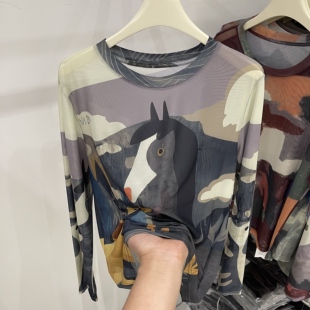 设计感油画小马卡通印花网纱长袖T恤女2026春新款宽松打底衫上衣