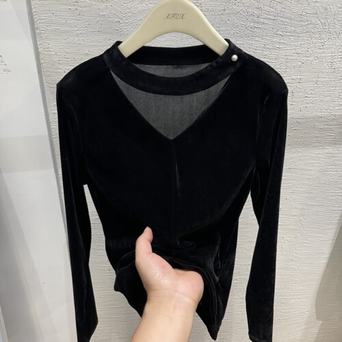 挂脖V领丝绒长袖T恤女褶皱修身