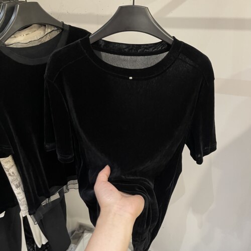 黑色丝绒网纱钉珠短袖T恤女百搭