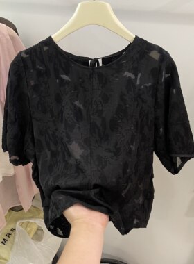 黑色蕾丝提花镂空拼接短袖T恤女