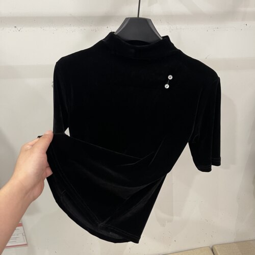 半高领纽扣装饰拼接丝绒中袖女