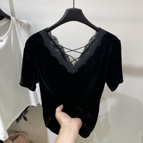 丝绒蕾丝露背交叉绑带短袖T恤女