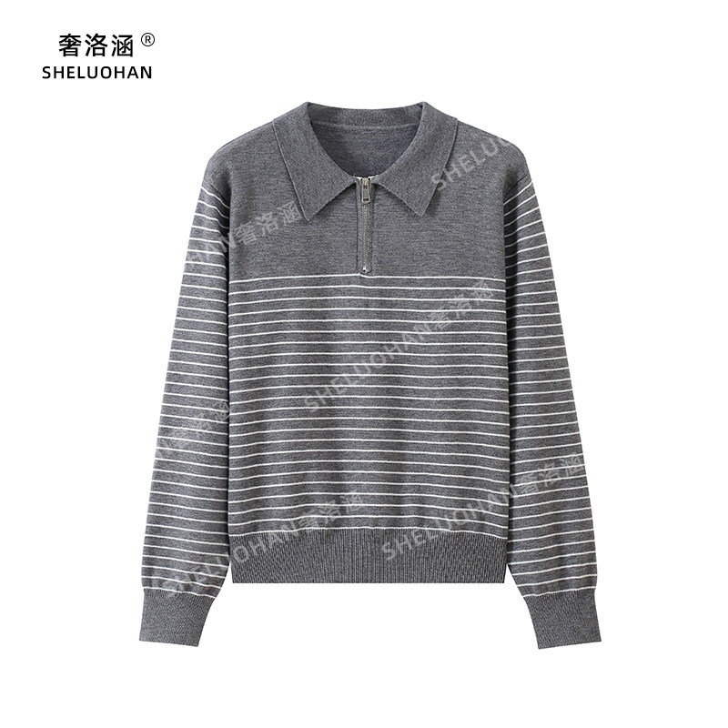 半拉链条纹翻领针织衫女秋冬新款加厚安迪绒套头学院风长袖毛衣