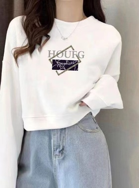 白色纯棉短款圆领卫衣女春秋宽松高腰显瘦时尚休闲独特长袖短上衣