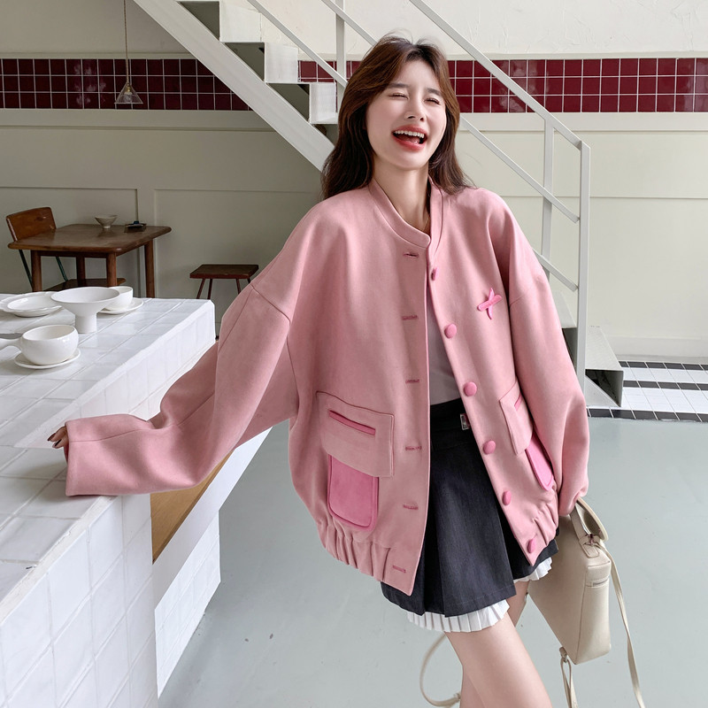 甜美减龄撞色拼接立领外套女2025秋季超火减龄学院风宽松休闲夹克,女装套装/套裙,2C155