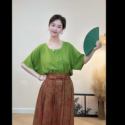 衣羊羊夏棉绸套装半身裙上衣改良唐褙子开衫复古新中式国风宽松