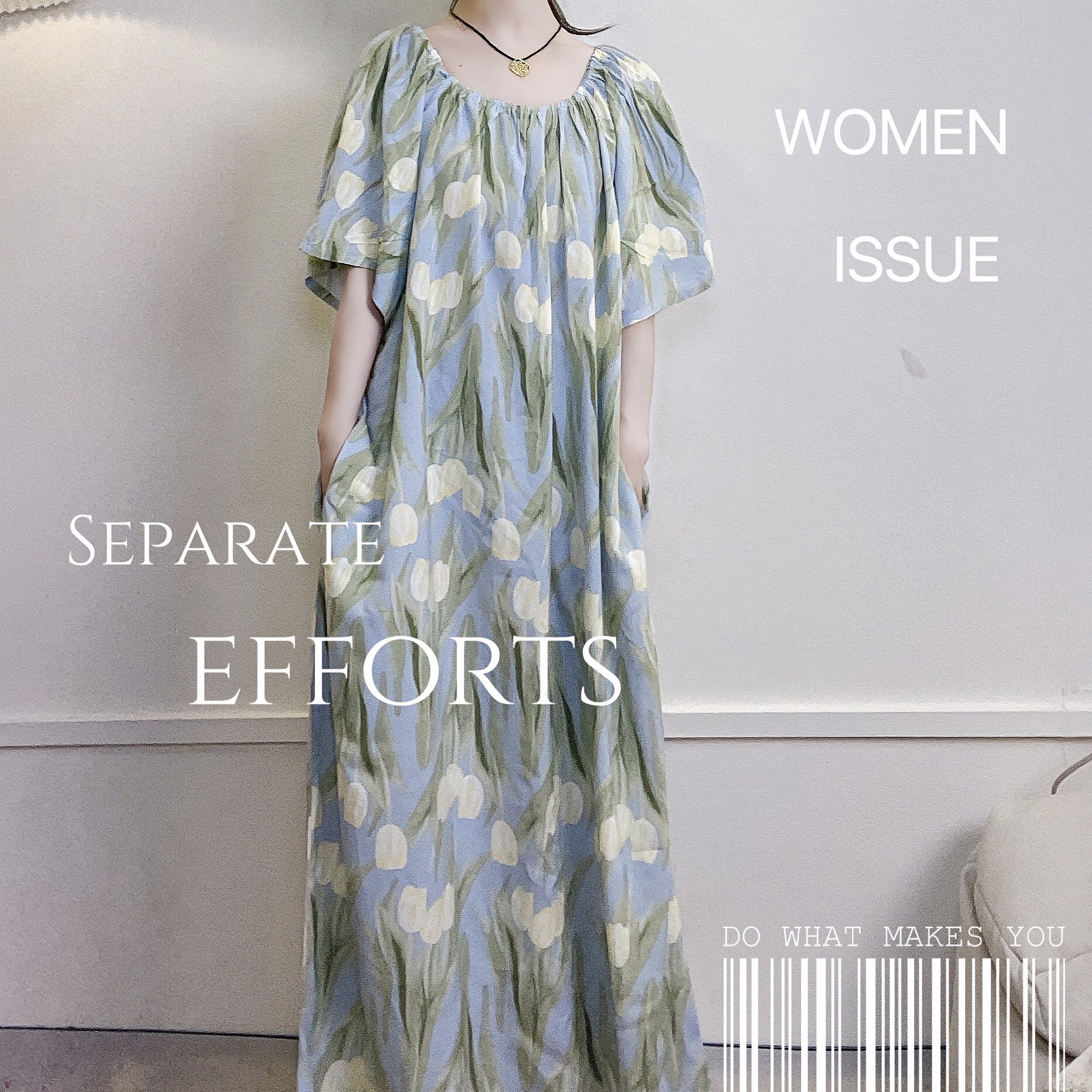 郁金香一字肩法式时尚气质长裙遮肉收腰系带宽松圆领棉绸连衣裙