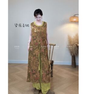夏季棉绸无袖新中式马甲长裙汉服圆领长比甲百搭通勤复古女中长款