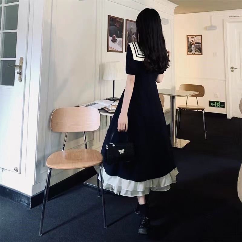 大码女装甜美减龄海军领连衣裙女夏胖妹妹mm法式超仙气桔梗中长裙