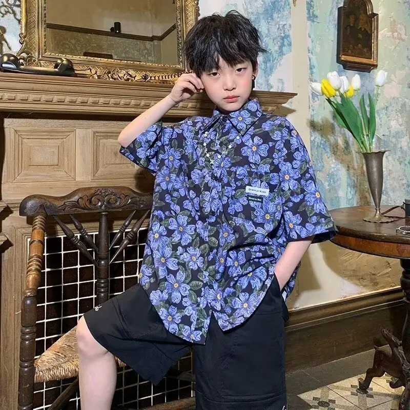 男童短袖衬衫夏季2025新款儿童装薄款碎花度假风衬衣大童夏装上衣