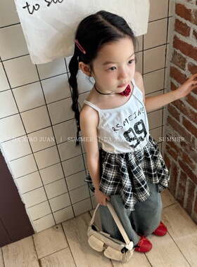 大小卷夏季女童吊带背心格子裙套装儿童休闲洋气拼接上衣63034