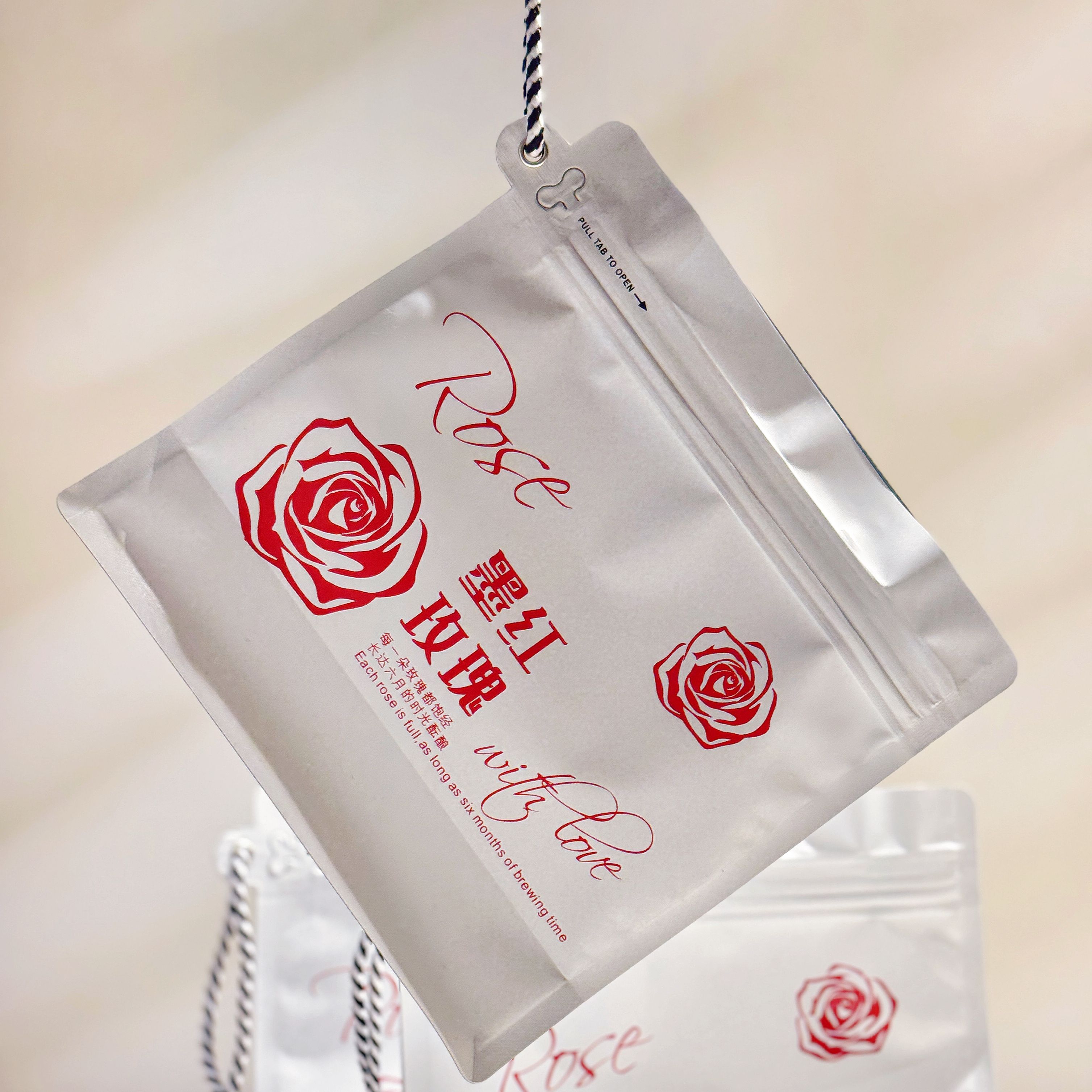 八边封挂绳墨红玫瑰茶叶袋龙井大红袍茶叶包装袋食品拉链礼品袋