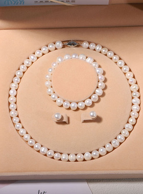 诸暨天然淡水珍珠项链女套装三件套妈妈母亲节礼物颈链锁骨链批发