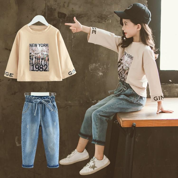 2019年新款女童卫衣套装洋气 牛仔裤+上衣两件套儿童女超酷衣服潮