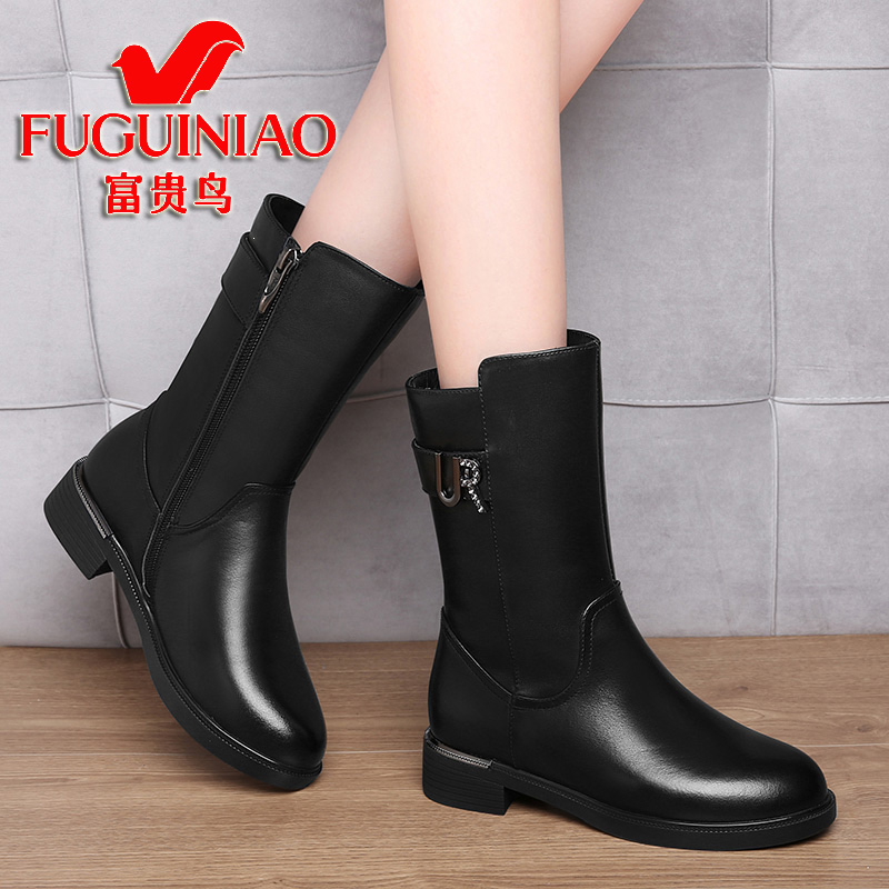 【官网】富贵鸟真皮中筒靴靴子女